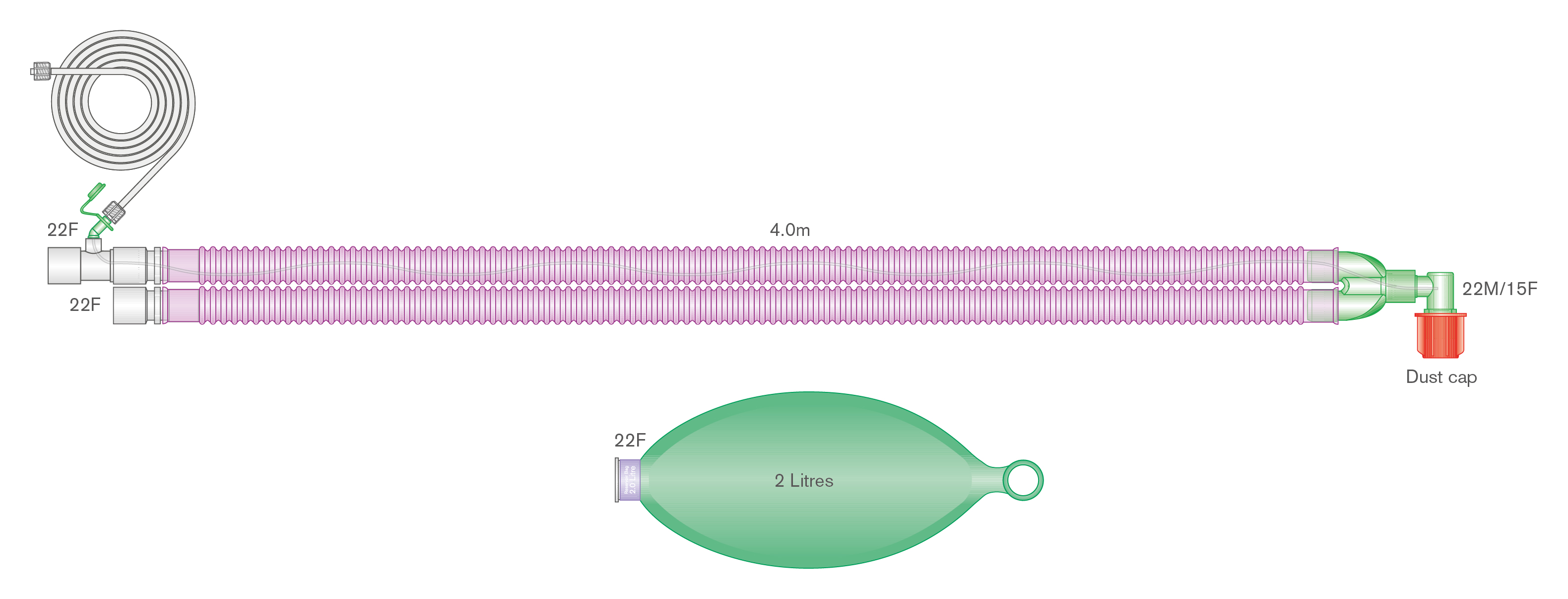 22mm Flextube™ Silver Knight™ anti-microbial breathing system with 2 L bag, and integral monitoring line, ≥ 4.0m