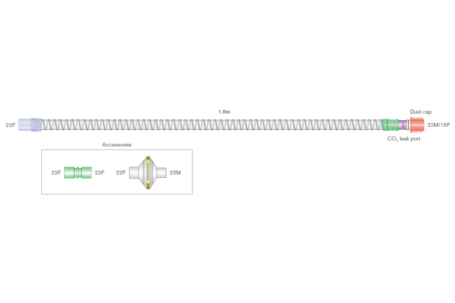 22mm Smoothbore bilevel breathing system with swivel CO₂ leak port and Flo-Guard™ filter. ≥ 1.8m