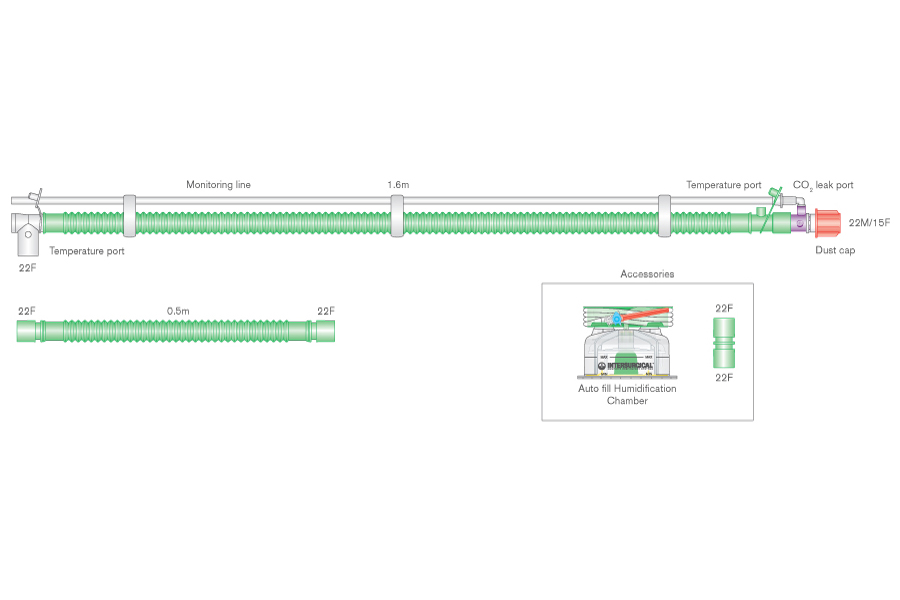 22mm Flextube bilevel heated wire breathing system with swivel CO₂ leak port, monitor line, auto-fill chamber and extra limb. ≥ 1.6m