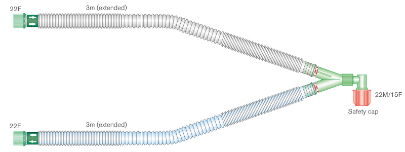 22mm Compact™ O₂/N₂O breathing system with one way valves, and elbow, ≥ 3.0m