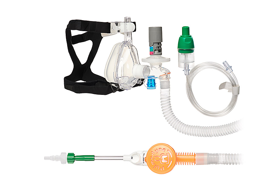 O2-MAX™ Trio System with AGA Quik-Connect™, with smoothbore tube, 5-SET™ adjustable PEEP valve, nebuliser and BiTrac ED Mask, medium adult