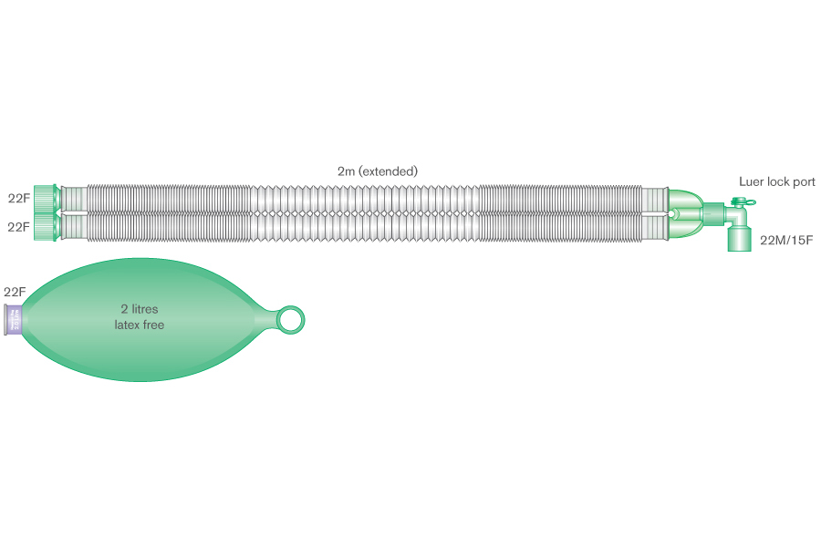 22mm Compact breathing system with 2L bag and luer elbow, ≥ 2m